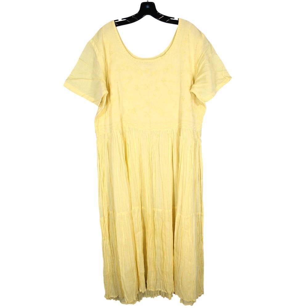 VTG FADS Yellow TWILL Floral Embroidered PLEATED Cottagecore MAXI DRESS Sz 1XL